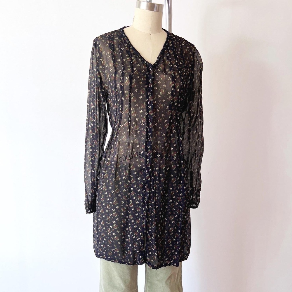 SIZE S/M Pudding Shop Tunic Navy Blue Floral Sheer Pintuck 90s Vintage Blouse